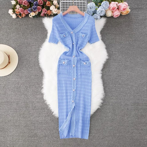 V-Neck Knit Midi Dress