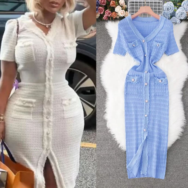 V-Neck Knit Midi Dress